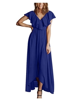 BTFBM Women's Summer Chiffon Maxi Dresses Deep V Neck Ruffle Short Sleeve Beach Party Cocktail Flowy Wrap Dress with Belt