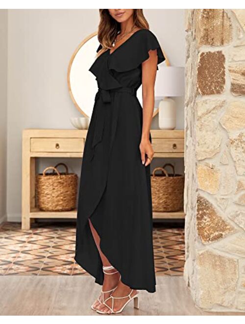 BTFBM Women's Summer Chiffon Maxi Dresses Deep V Neck Ruffle Short Sleeve Beach Party Cocktail Flowy Wrap Dress with Belt