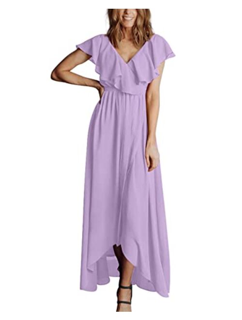 BTFBM Women's Summer Chiffon Maxi Dresses Deep V Neck Ruffle Short Sleeve Beach Party Cocktail Flowy Wrap Dress with Belt