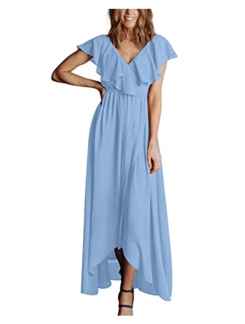 BTFBM Women's Summer Chiffon Maxi Dresses Deep V Neck Ruffle Short Sleeve Beach Party Cocktail Flowy Wrap Dress with Belt