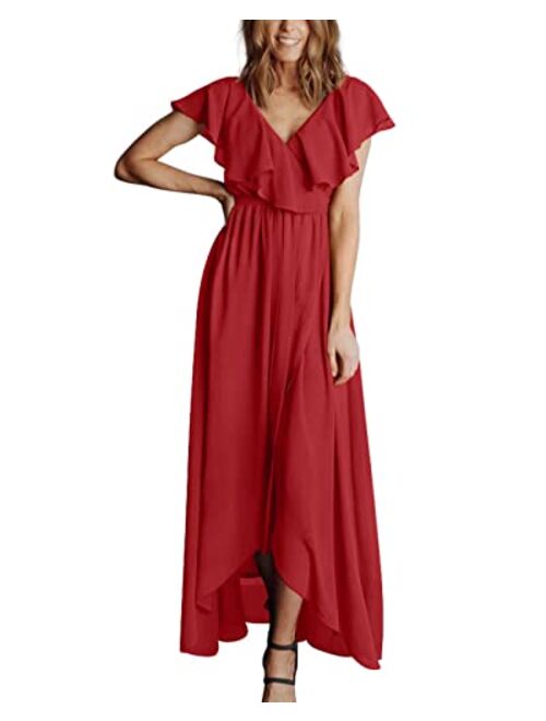 BTFBM Women's Summer Chiffon Maxi Dresses Deep V Neck Ruffle Short Sleeve Beach Party Cocktail Flowy Wrap Dress with Belt