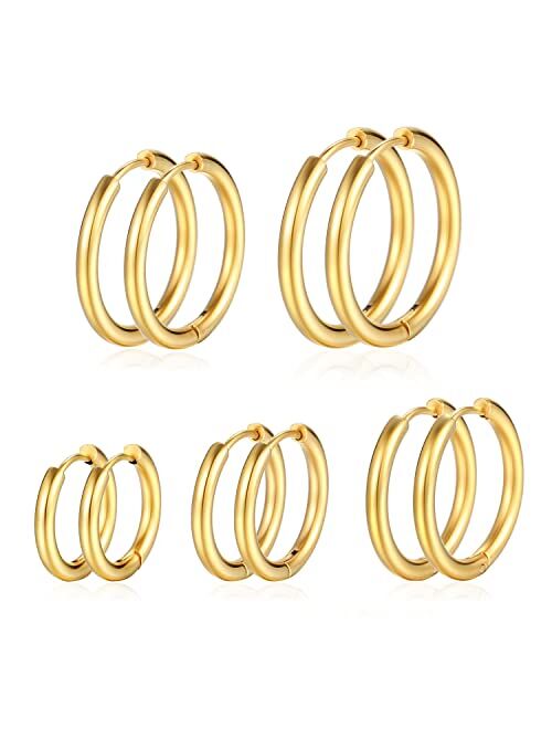 PICKBEAU 5 Pairs Gold Hoop Earrings for Women | 18K Gold Plated Huggie Hoop Earrings Set for Girls Hypoallergenic Cartilage Earrings Lightweight Hoop Earrings Set 5 Size 