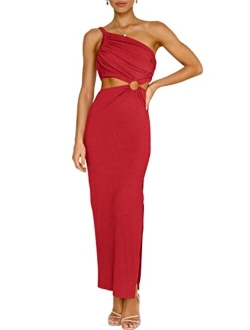 Womens Summer Bodycon Maxi Dress One Shoulder Sleeveless Sexy Cut Out Formal Party Dress