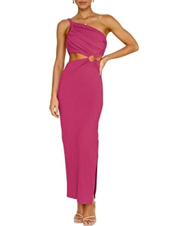 Womens Summer Bodycon Maxi Dress One Shoulder Sleeveless Sexy Cut Out Formal Party Dress