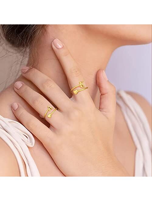 Ailetop Heart Initial Rings for Women Teen Girls,Gold Plated Initial Heart Ring Stackable Rings for Women Adjustable Initial Rings for Teen Girls Cute Heart Alphabet Lett