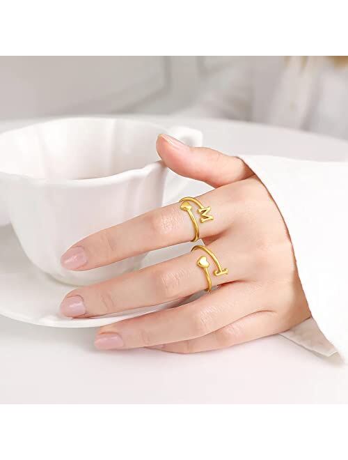 Ailetop Heart Initial Rings for Women Teen Girls,Gold Plated Initial Heart Ring Stackable Rings for Women Adjustable Initial Rings for Teen Girls Cute Heart Alphabet Lett