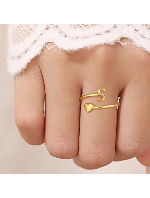 Ailetop Heart Initial Rings for Women Teen Girls,Gold Plated Initial Heart Ring Stackable Rings for Women Adjustable Initial Rings for Teen Girls Cute Heart Alphabet Lett