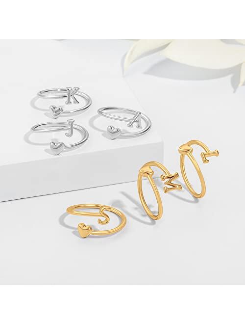 Ailetop Heart Initial Rings for Women Teen Girls,Gold Plated Initial Heart Ring Stackable Rings for Women Adjustable Initial Rings for Teen Girls Cute Heart Alphabet Lett