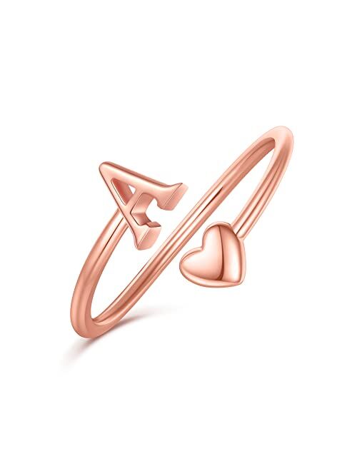 Ailetop Heart Initial Rings for Women Teen Girls,Gold Plated Initial Heart Ring Stackable Rings for Women Adjustable Initial Rings for Teen Girls Cute Heart Alphabet Lett