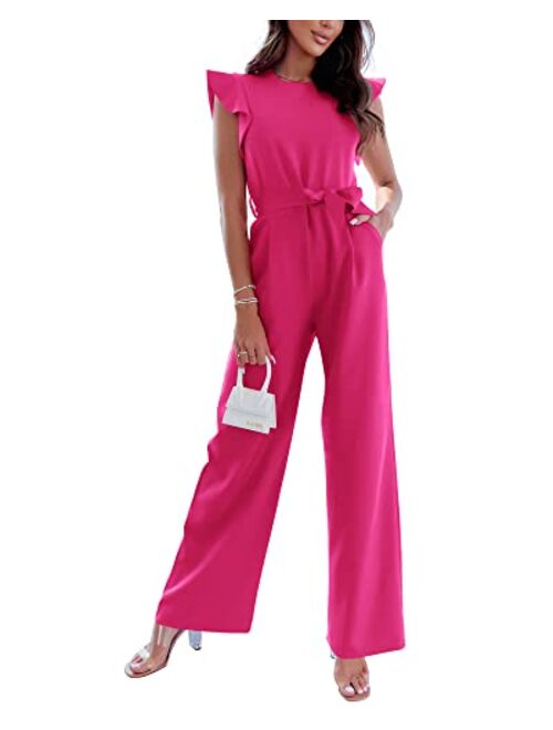 BTFBM Women Jumpsuits Crew Neck Ruffle Cap Sleeve Belted High Waist Wide Leg Romper with Pockets One Piece Casual Outfits