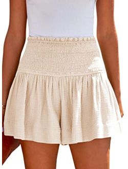 Womens Shorts Cotton High Elastic Waisted Pleated Ruffle Cute Shorts Beach Flowy Casual Shorts S-XL