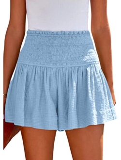 Womens Shorts Cotton High Elastic Waisted Pleated Ruffle Cute Shorts Beach Flowy Casual Shorts S-XL