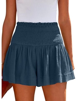 Womens Shorts Cotton High Elastic Waisted Pleated Ruffle Cute Shorts Beach Flowy Casual Shorts S-XL