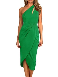 Women's One Shoulder Ruched Bodycon Dress 2023 Summer Cutout Slit Wrap Party Cocktail Midi Dresses