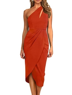 Women's One Shoulder Ruched Bodycon Dress 2023 Summer Cutout Slit Wrap Party Cocktail Midi Dresses