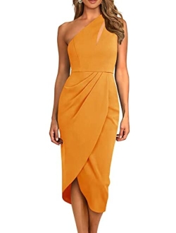 Women's One Shoulder Ruched Bodycon Dress 2023 Summer Cutout Slit Wrap Party Cocktail Midi Dresses