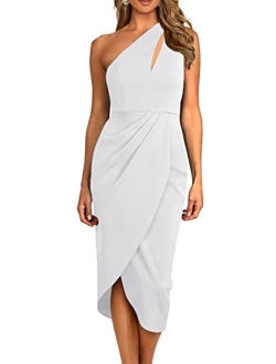 Women's One Shoulder Ruched Bodycon Dress 2023 Summer Cutout Slit Wrap Party Cocktail Midi Dresses