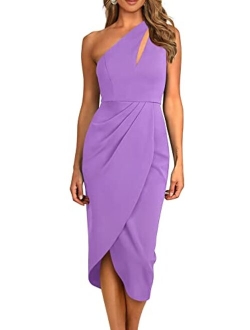 Women's One Shoulder Ruched Bodycon Dress 2023 Summer Cutout Slit Wrap Party Cocktail Midi Dresses