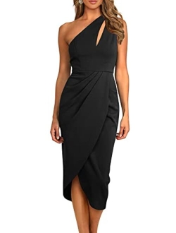 Women's One Shoulder Ruched Bodycon Dress 2023 Summer Cutout Slit Wrap Party Cocktail Midi Dresses