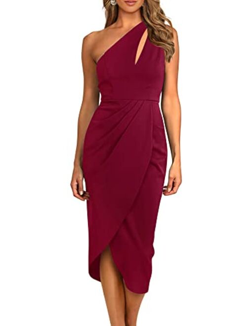 PRETTYGARDEN Women's One Shoulder Ruched Bodycon Dress 2023 Summer Cutout Slit Wrap Party Cocktail Midi Dresses