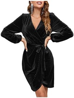 Womens Long Sleeve Wrap Velvet Mini Dress Sexy V Neck Cocktail Party Club Dress