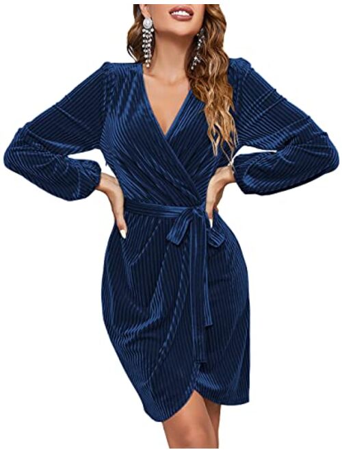 MEROKEETY Womens Long Sleeve Wrap Velvet Mini Dress Sexy V Neck Cocktail Party Club Dress