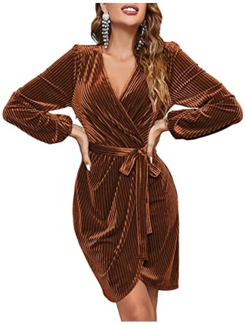 MEROKEETY Womens Long Sleeve Wrap Velvet Mini Dress Sexy V Neck Cocktail Party Club Dress