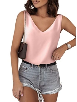 BLENCOT Tank Tops for Women V Neck Silk Summer Satin Sleeveless Blouse Basic Camisole Shirts S-XXL