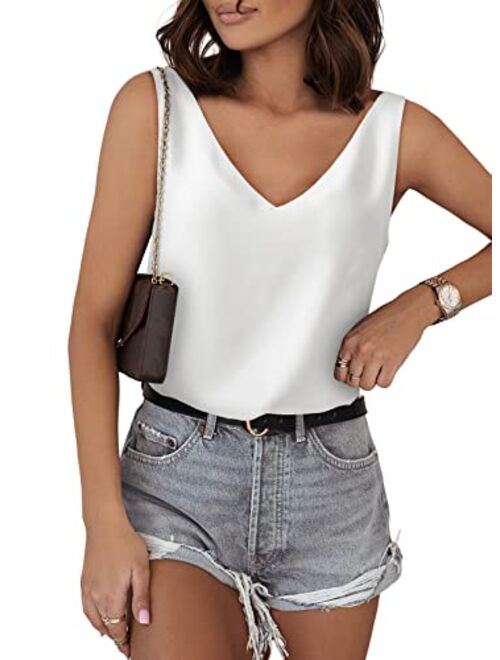 BLENCOT Tank Tops for Women V Neck Silk Summer Satin Sleeveless Blouse Basic Camisole Shirts S-XXL