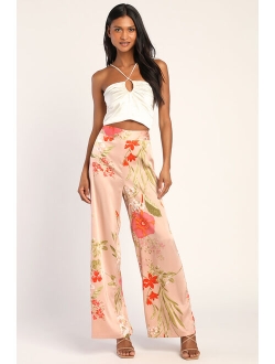 Thriving Vibes Bright Green Floral Print Satin Wide-Leg Pants