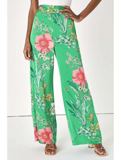 Lulus Thriving Vibes Bright Green Floral Print Satin Wide-Leg Pants