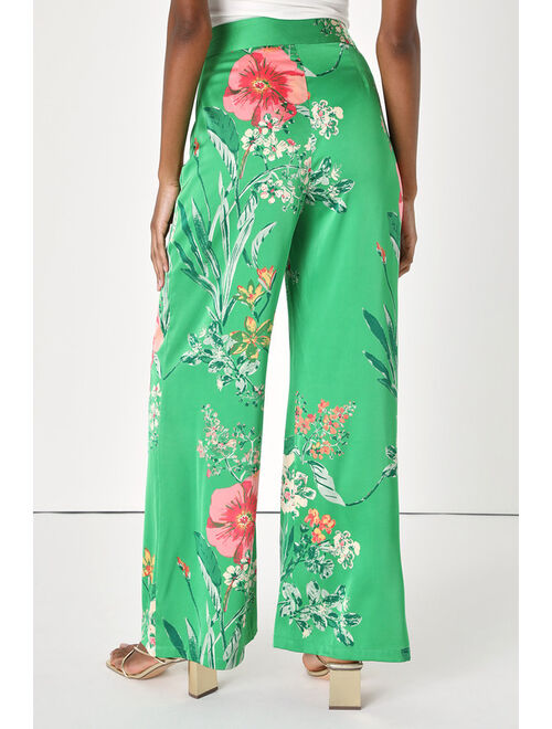 Lulus Thriving Vibes Bright Green Floral Print Satin Wide-Leg Pants