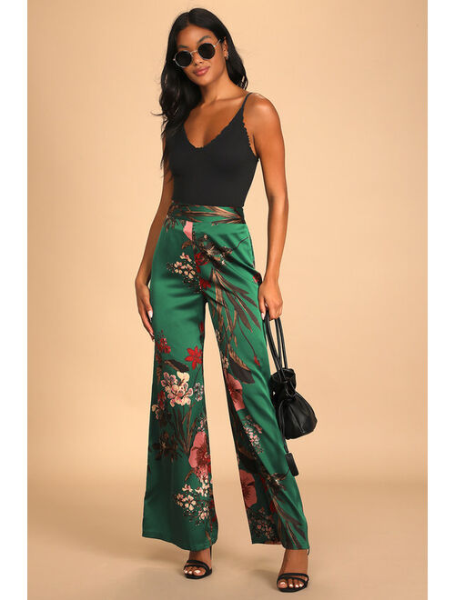 Lulus Thriving Vibes Bright Green Floral Print Satin Wide-Leg Pants