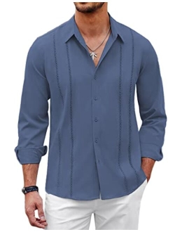 Mens Cuban Guayabera Shirt Casual Button Down Shirts Long Sleeve Beach Linen Shirts