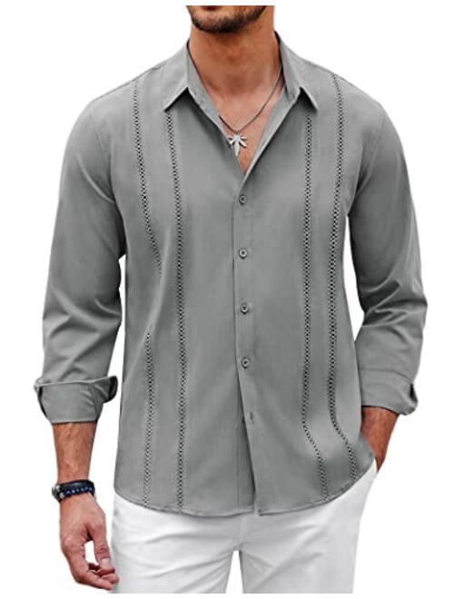 COOFANDY Mens Cuban Guayabera Shirt Casual Button Down Shirts Long Sleeve Beach Linen Shirts