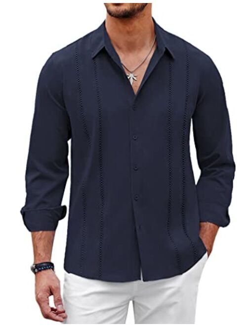 COOFANDY Mens Cuban Guayabera Shirt Casual Button Down Shirts Long Sleeve Beach Linen Shirts