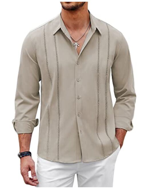 COOFANDY Mens Cuban Guayabera Shirt Casual Button Down Shirts Long Sleeve Beach Linen Shirts