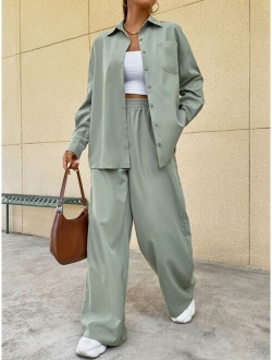 EZwear Drop Shoulder Pocket Patched Shirt & Wide Leg Pants