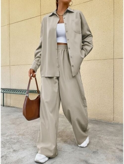 EZwear Drop Shoulder Pocket Patched Shirt & Wide Leg Pants