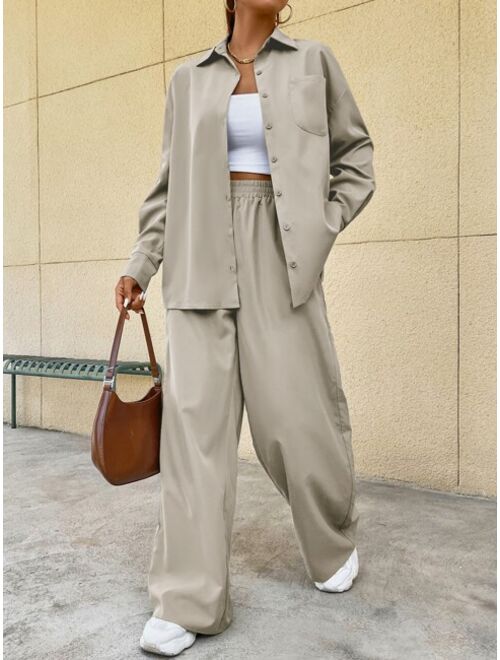 SHEIN EZwear Drop Shoulder Pocket Patched Shirt & Wide Leg Pants