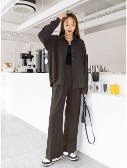 Solid Drop Shoulder Button Front Blouse & Pants