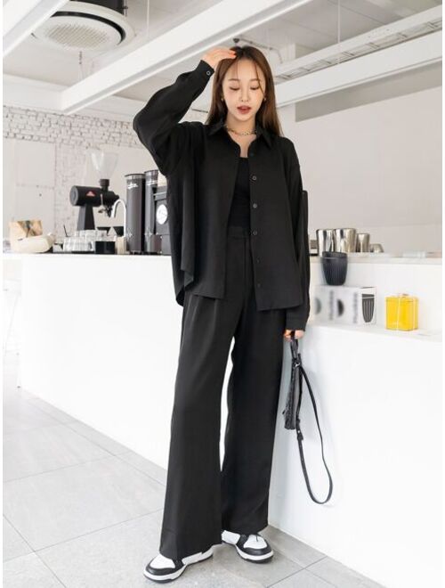 DAZY Solid Drop Shoulder Button Front Blouse & Pants