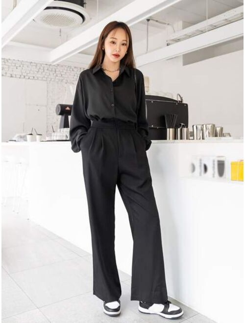 DAZY Solid Drop Shoulder Button Front Blouse & Pants