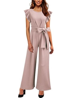 Knitee Women's Vintage Sleeveless Ruffle High Waist Wide Leg Romper Formal Long Jumpsuit with Belt