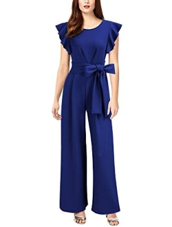 Knitee Women's Vintage Sleeveless Ruffle High Waist Wide Leg Romper Formal Long Jumpsuit with Belt