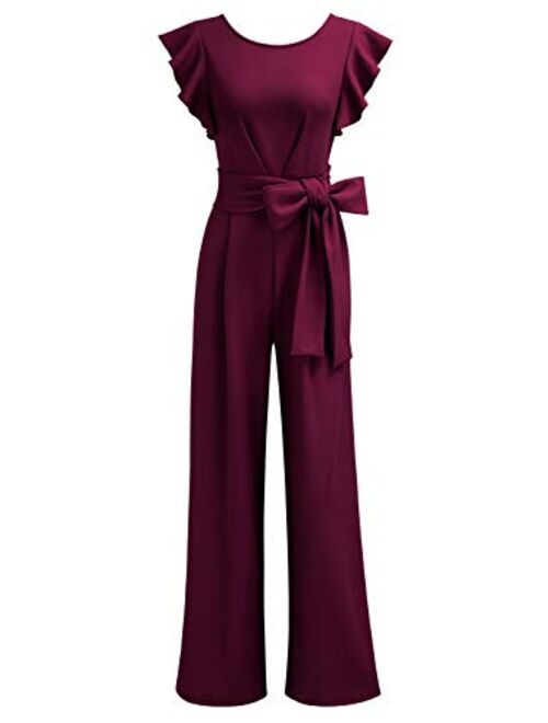 Knitee Women's Vintage Sleeveless Ruffle High Waist Wide Leg Romper Formal Long Jumpsuit with Belt