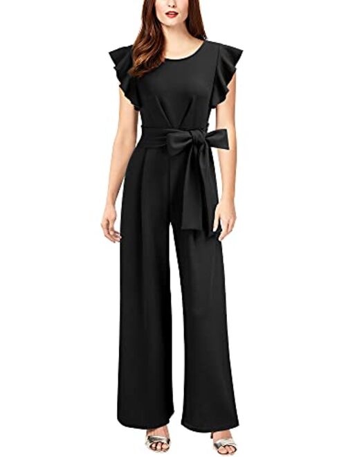 Knitee Women's Vintage Sleeveless Ruffle High Waist Wide Leg Romper Formal Long Jumpsuit with Belt