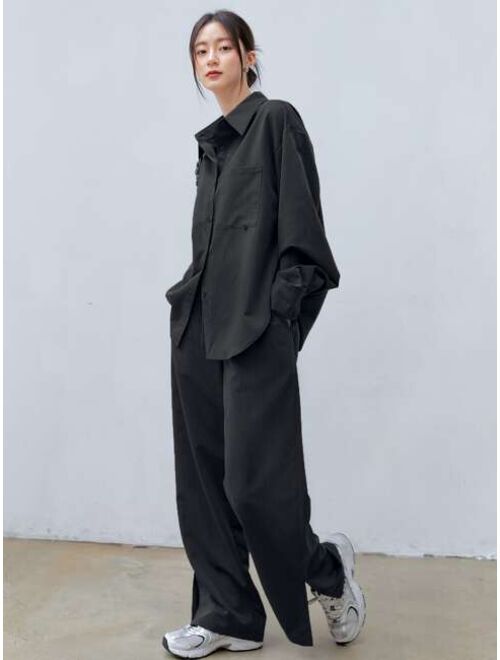 Dazy-Less Solid Button Front Drop Shoulder Shirt & Split Hem Pants