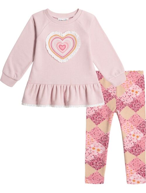 KIDS HEADQUARTERS Little Girls French Terry Raglan Sleeve Peplum Tunic Top and Patchwork Leggings, 2 Piece Set