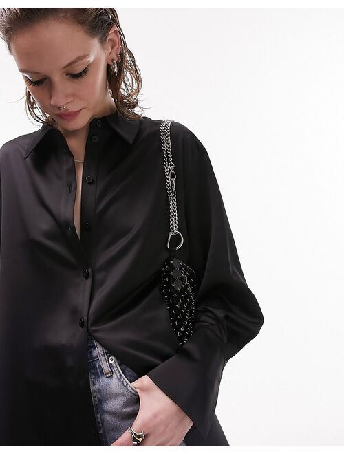 Topshop long sleeve satin shirt in black